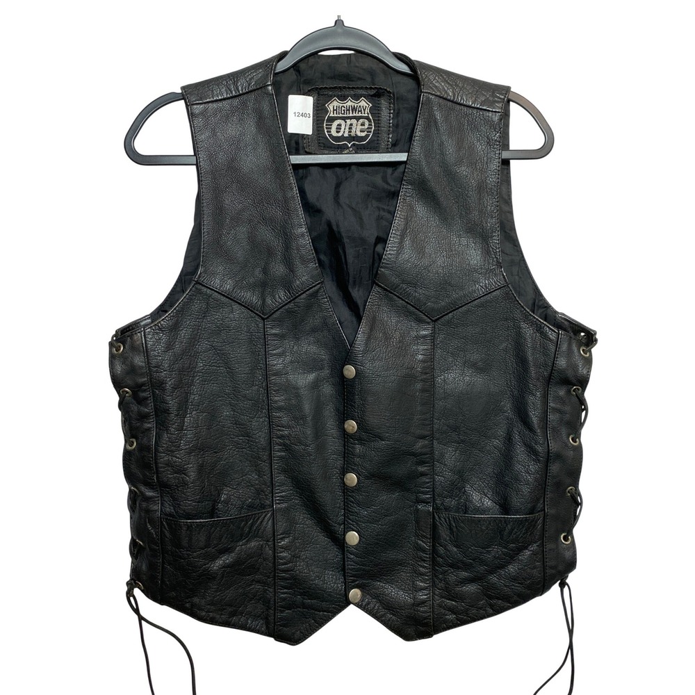 Highway One Vest Mens Large Black Biker Side Lace Snap-Button Leather Waistcoat